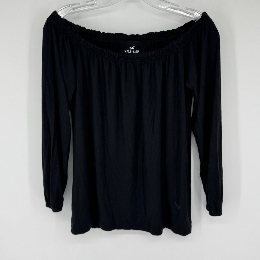 Hollister Womens Off Shoulder Black Top‎ Small Easy Tee Boho Stretch 3/4 Sleeve